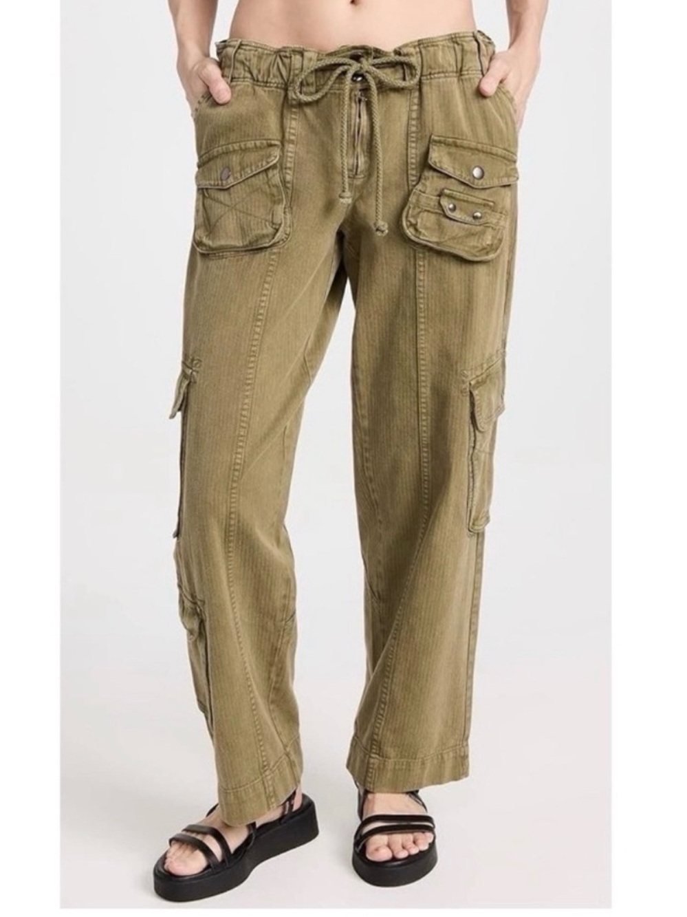 Free People Tahiti Cargo Pant Small Relaxed Fit Green Rope Tie Utility Pant M